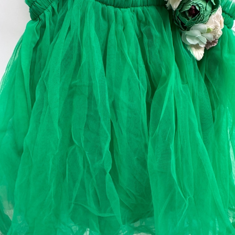 3T Girls Green Tulle Tank Top Dress with Floral Pin Detail - Picture 3 of 5